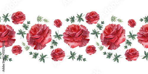 Fototapeta Naklejka Na Ścianę i Meble -  Watercolor border Scarlet holiday roses