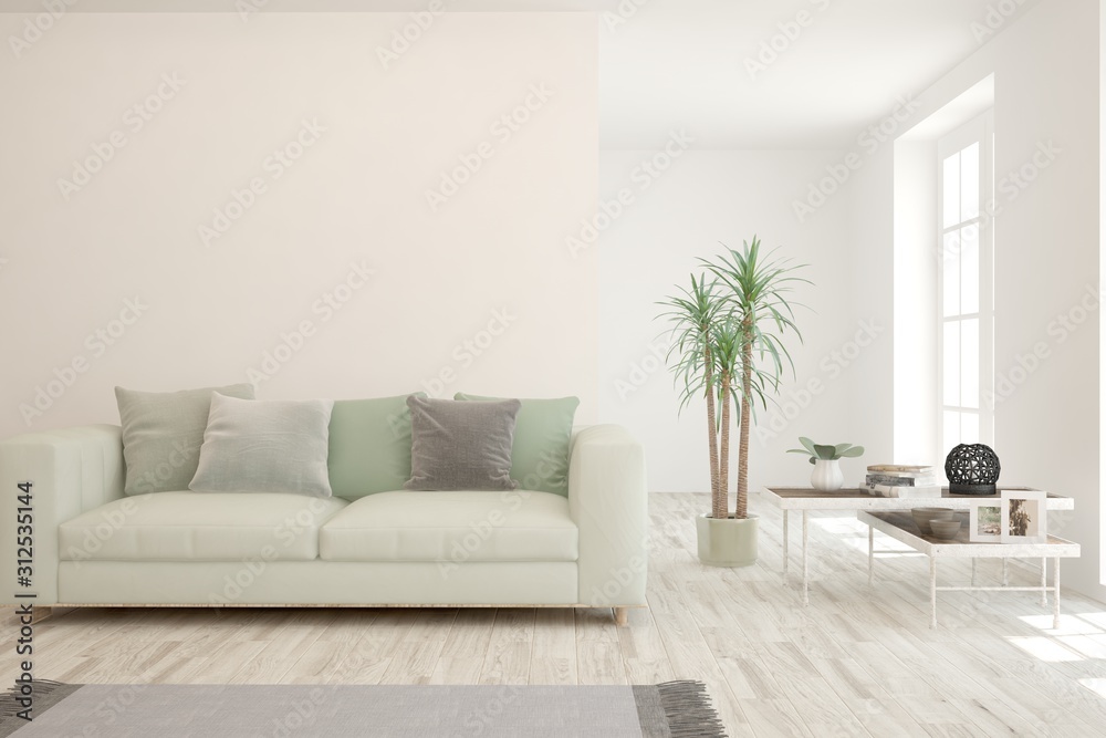 Fototapeta premium Stylish room in white color with sofa. Scandinavian interior design. 3D illustration