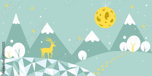 Winter flat background. Holiday and New Year night, white snow, stars, mountains, trees, deer and moon in grey and yellow colors. Vector flat illustration. EPS 10