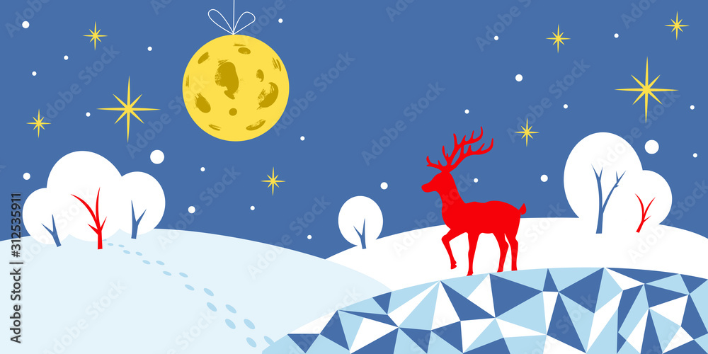 Naklejka premium Winter flat background. Holiday and New Year night, white snow, stars, trees, deer and moon in cold colors - blue and red. Vector flat illustration. EPS 10