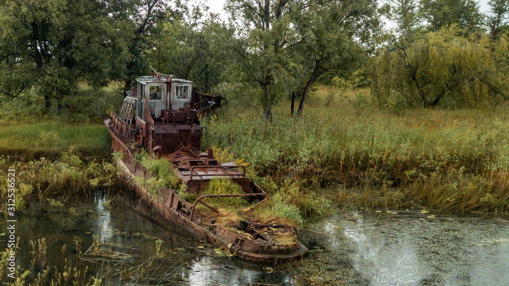 Aerial view abandoned ships in the river near of Chernobyl. The