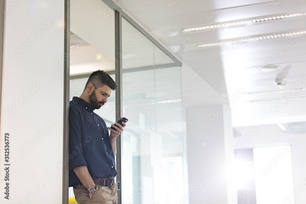 Mid adult businessman using mobile phone in office Mid adult businessman using mobile phone in office