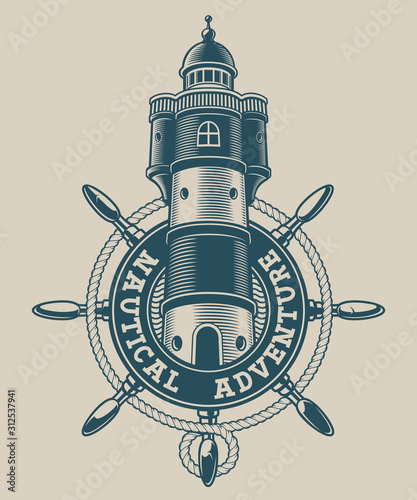 Vintage nautical emblem with a lighthouse in ship wheel