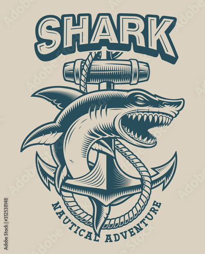 Vector illustration of a shark with anchor in vintage style