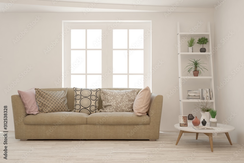 Fototapeta premium Stylish room in white color with brown sofa. Scandinavian interior design. 3D illustration