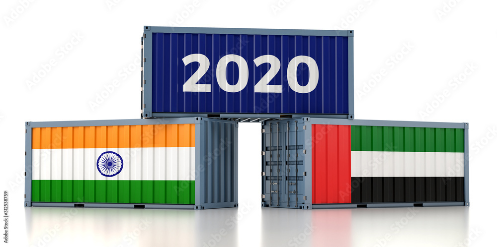 Year 2020 - Freight container with United Arab Emirates and India flag. 3D Rendering