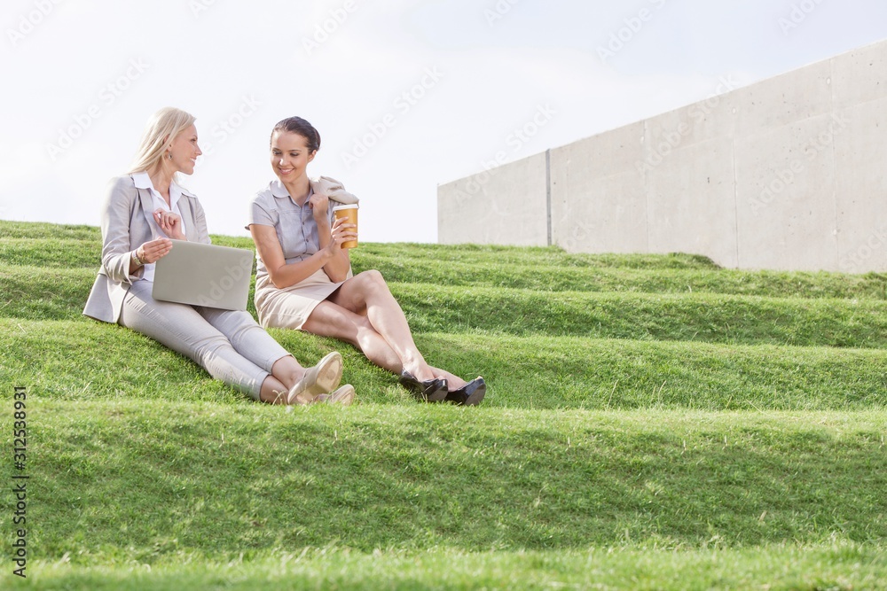 Full length of young businesswomen with disposable coffee cup and laptop sitting on grass steps against sky