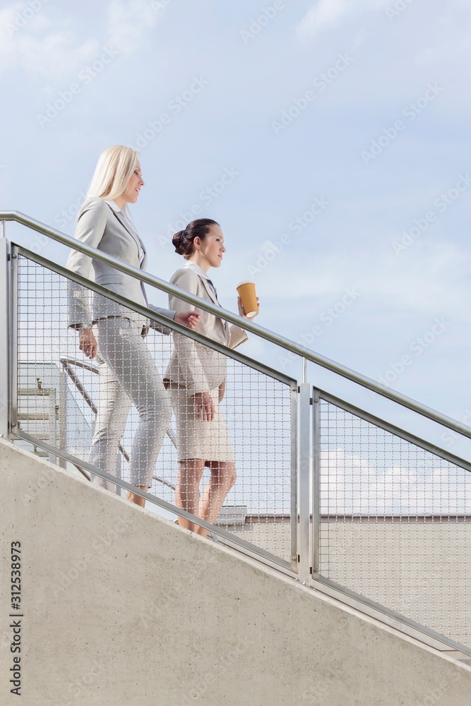 Side view of businesswomen moving down stairs against sky