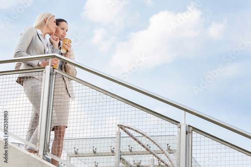 Low angle view of young businesswomen with disposable coffee cups looking away while standing by railing against sky