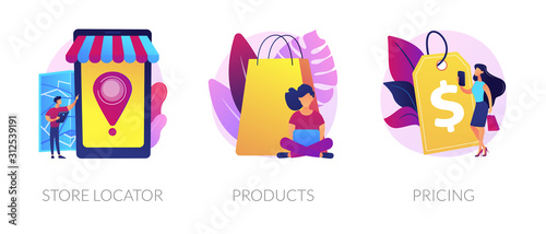 Internet shop web icons set. Goods ordering, price tag cliparts pack. Consumerism and marketing. Store locator, product, pricing metaphors. Vector isolated concept metaphor illustrations