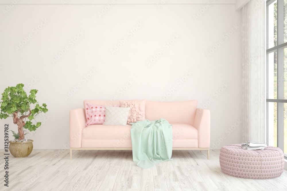 Obraz premium Stylish room in white color with sofa. Scandinavian interior design. 3D illustration