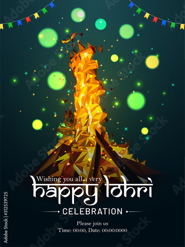 Vector illustration Poster design of Happy Lohri celebration for Punjabi festival with bonfire night party with holiday bokeh background .