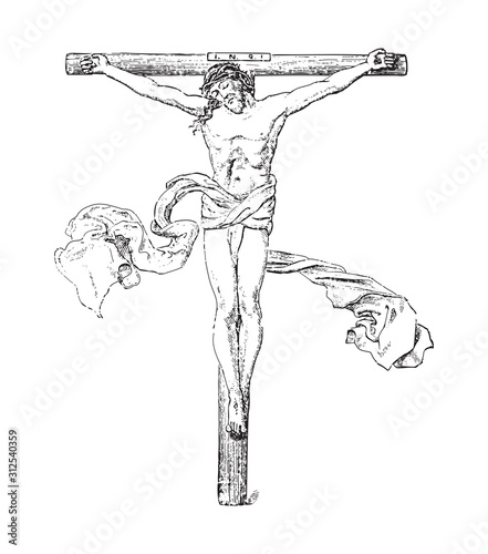 Old crucifix / vintage illustration from Brockhaus Konversations-Lexikon 1908