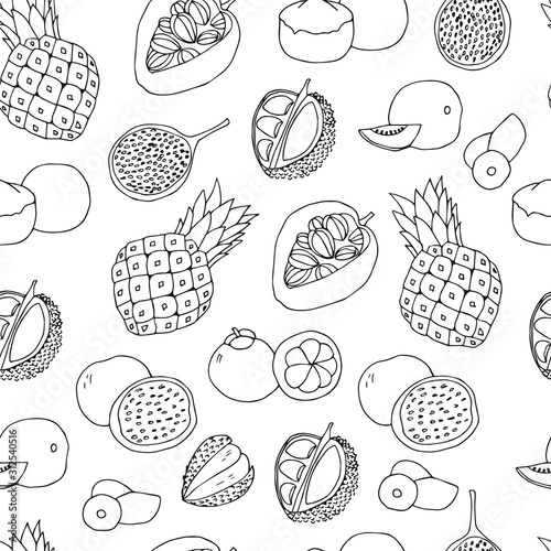 Seamless witn hand drawn exotic fruits. Outline tropical drawing fruits pattern. Doodle.