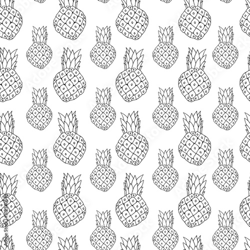 Seamless with hand drawn pineapple.  Sketch pattern with exotic fruit. Tropical outline background.