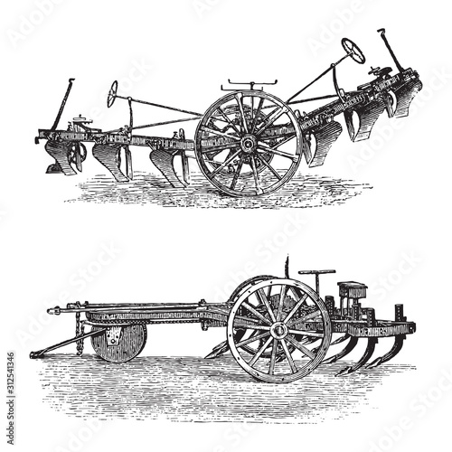Old plows / vintage illustration from Brockhaus Konversations-Lexikon 1908