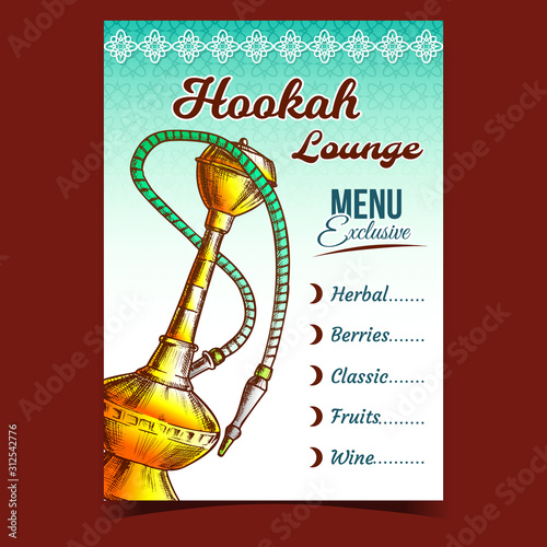 Hookah Lounge Bar Exclusive Menu Poster Vector. Hookah Herbal And Berries, Classic, Fruits And Wine Aroma Tobacco. Relaxation Accessory Colorful Hand Drawn In Retro Style Illustration