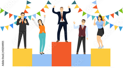 People who congratulate you. Congratulations. People wave their hands and greet. Beautiful decorations. Vector, cartoon illustration.