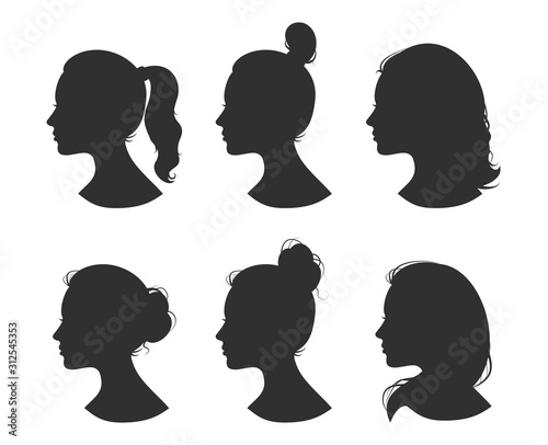 Beautiful collection of profile woman heand with different hairstyles vector