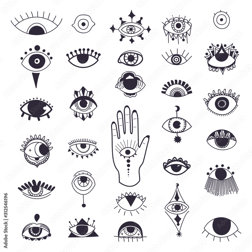 Evil eyes symbol set. Free hand drawing style. Esoteric sign alchemy,  decorative style, providence sight. Vector illustration. Stock Vector