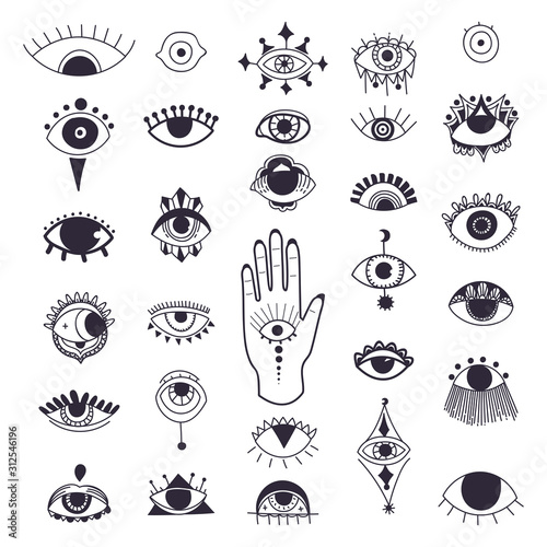 Evil eyes symbol set. Free hand drawing style. Esoteric sign alchemy, decorative style, providence sight. Vector illustration.