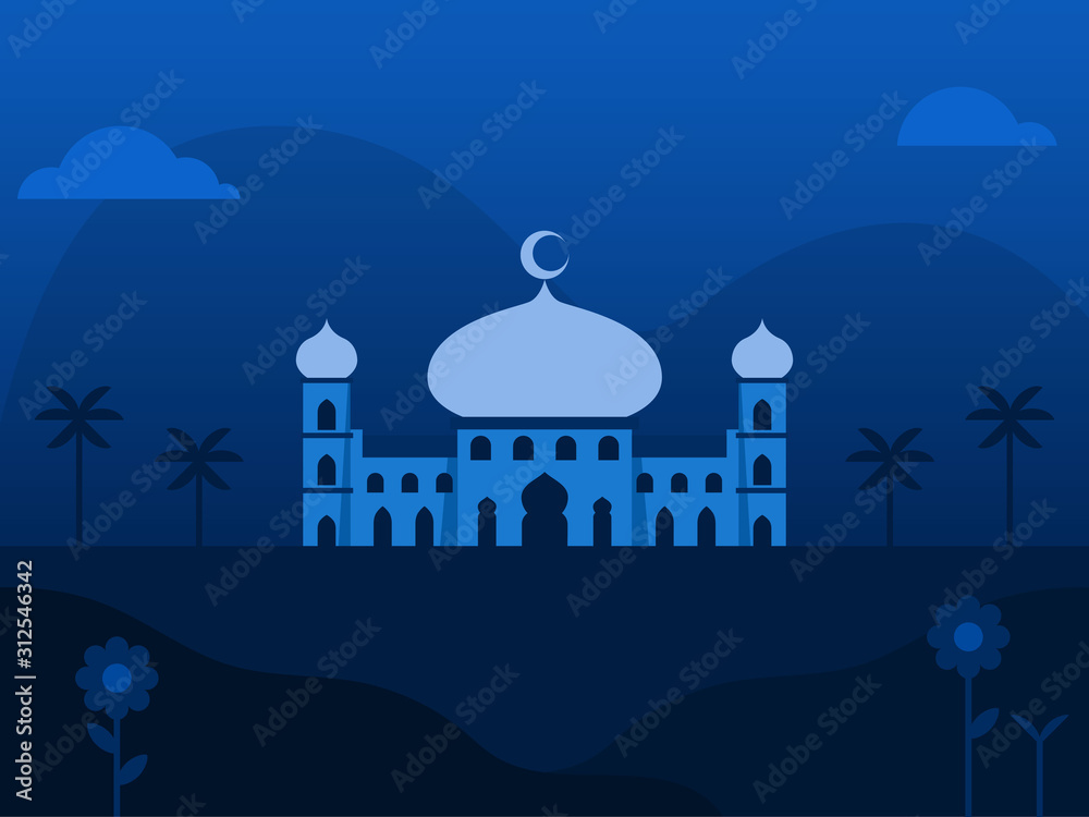Mosque Background Illustration In Blue Tone