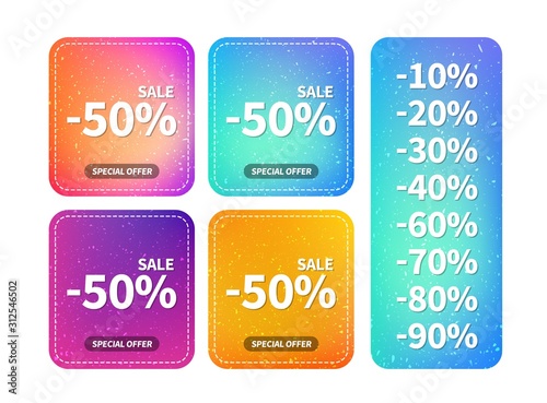 Abstract sale tags design. Bright label design template for print, web, ad and marketing. Vector badges template, up to 10, 20, 30, 40, 50, 60, 70, 80, 90 percent off.