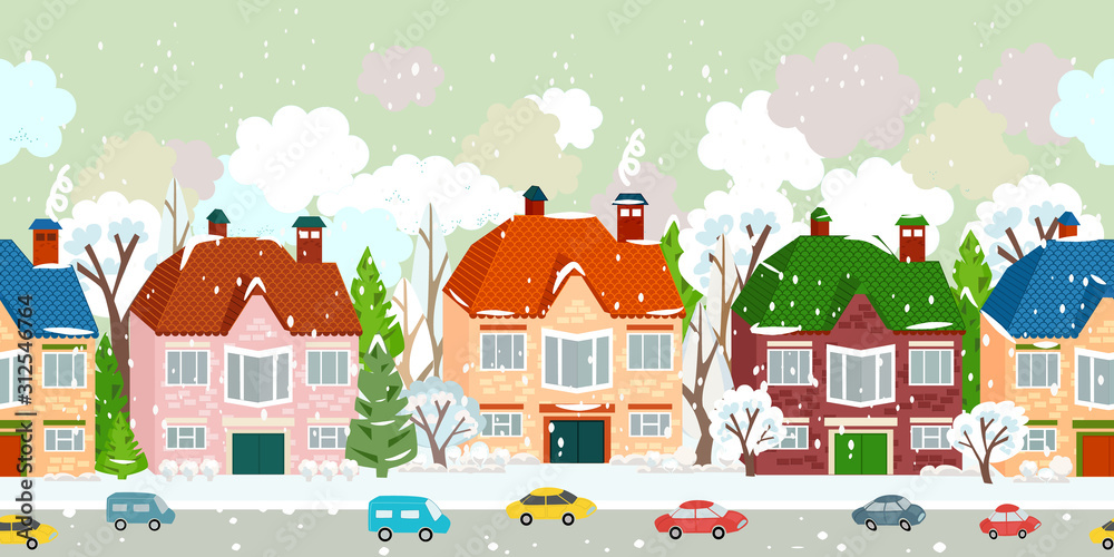 seamless border with winter cute cityscape and falling snow