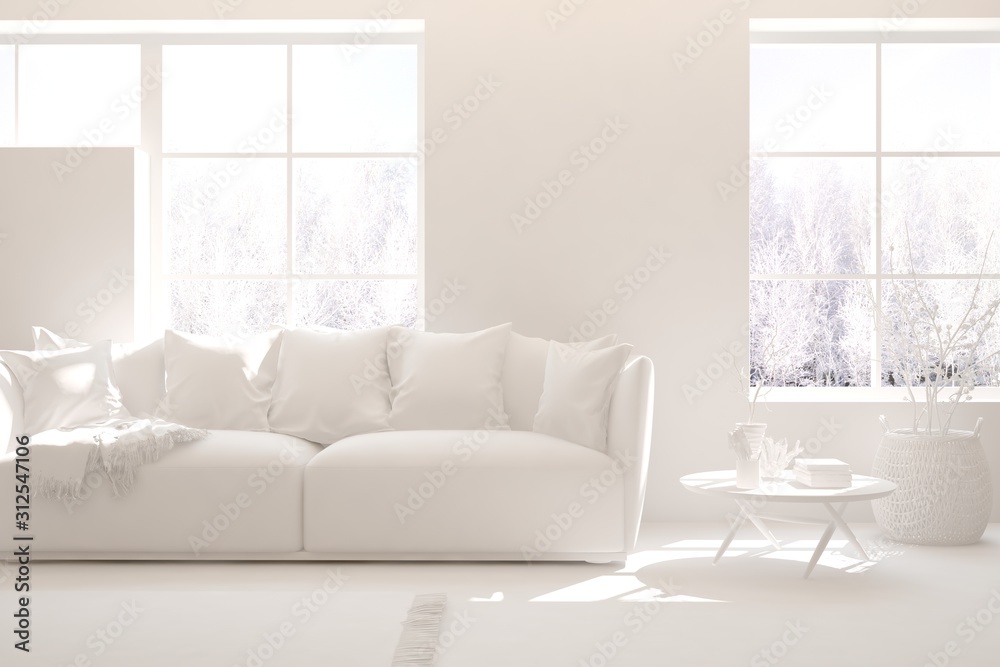 Mock up of stylish room in white color with sofa and winter landscape in window. Scandinavian interior design. 3D illustration Mock up of stylish room in white color with sofa and winter landscape in window. Scandinavian interior design. 3D illustration