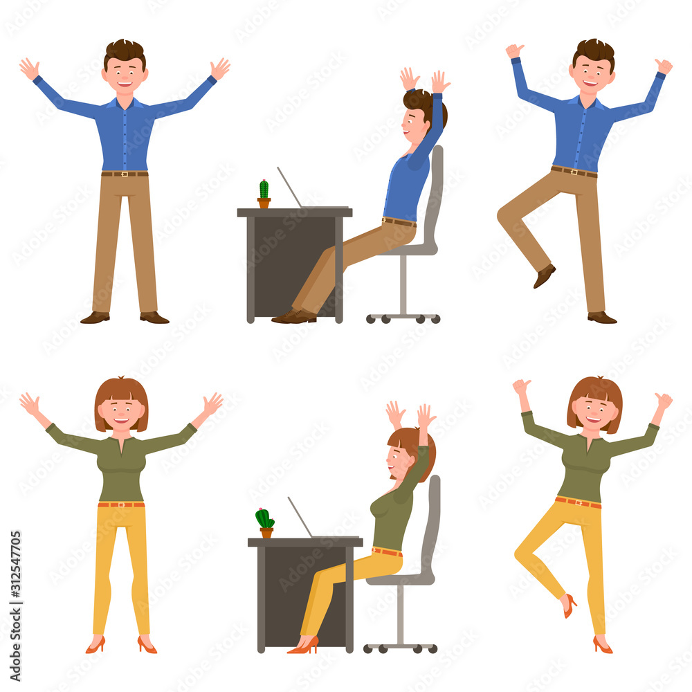 Happy, smiling, jumping young office man and woman vector illustration. Hopping, hands up, having fun, sitting side view at table boy and girl cartoon character set on white