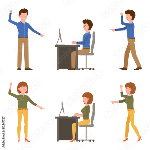 Angry, desperate, upset, sad office boy and girl vector illustration. Shouting, pointing finger, scolding, reproach, blaming male and female cartoon character set on white