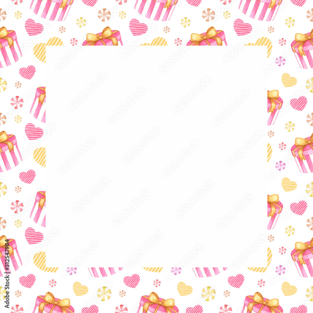 Square frame with red pink watercolor love elements: hearts,hot air balloon,gift box and candies. Hand drawn copy space template for holiday romantic design,wedding invitation,greeting card Square frame with red pink watercolor love elements: hearts,hot air balloon,gift box and candies. Hand drawn copy space template for holiday romantic design,wedding invitation,greeting card
