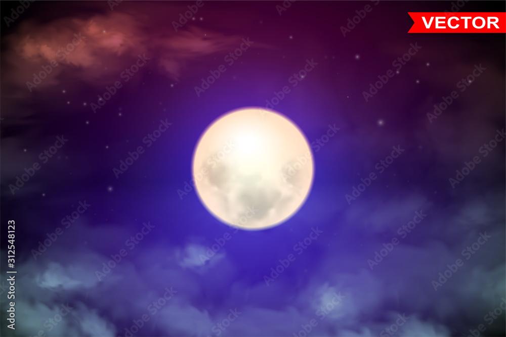 Colorful abstract smooth texture space or sky with clouds and full moon background design. Photorealistic vector.