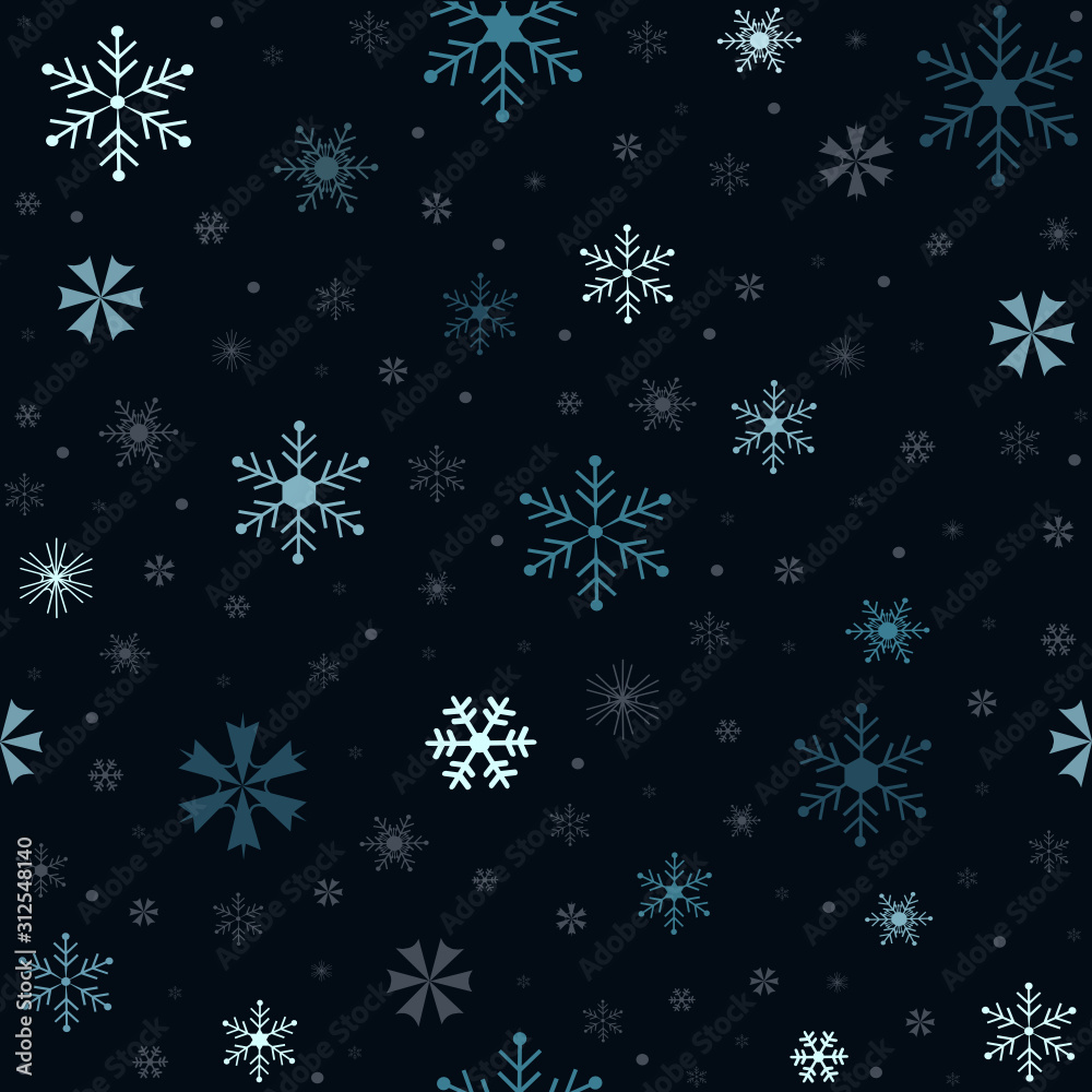 Christmas seamless pattern with snowflakes.Blue snow on black background. Christmas seamless pattern with snowflakes.Blue snow on black background.