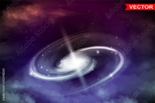 Colorful abstract smooth texture space or sky with clouds and spiral galaxy background design. Photorealistic vector.
