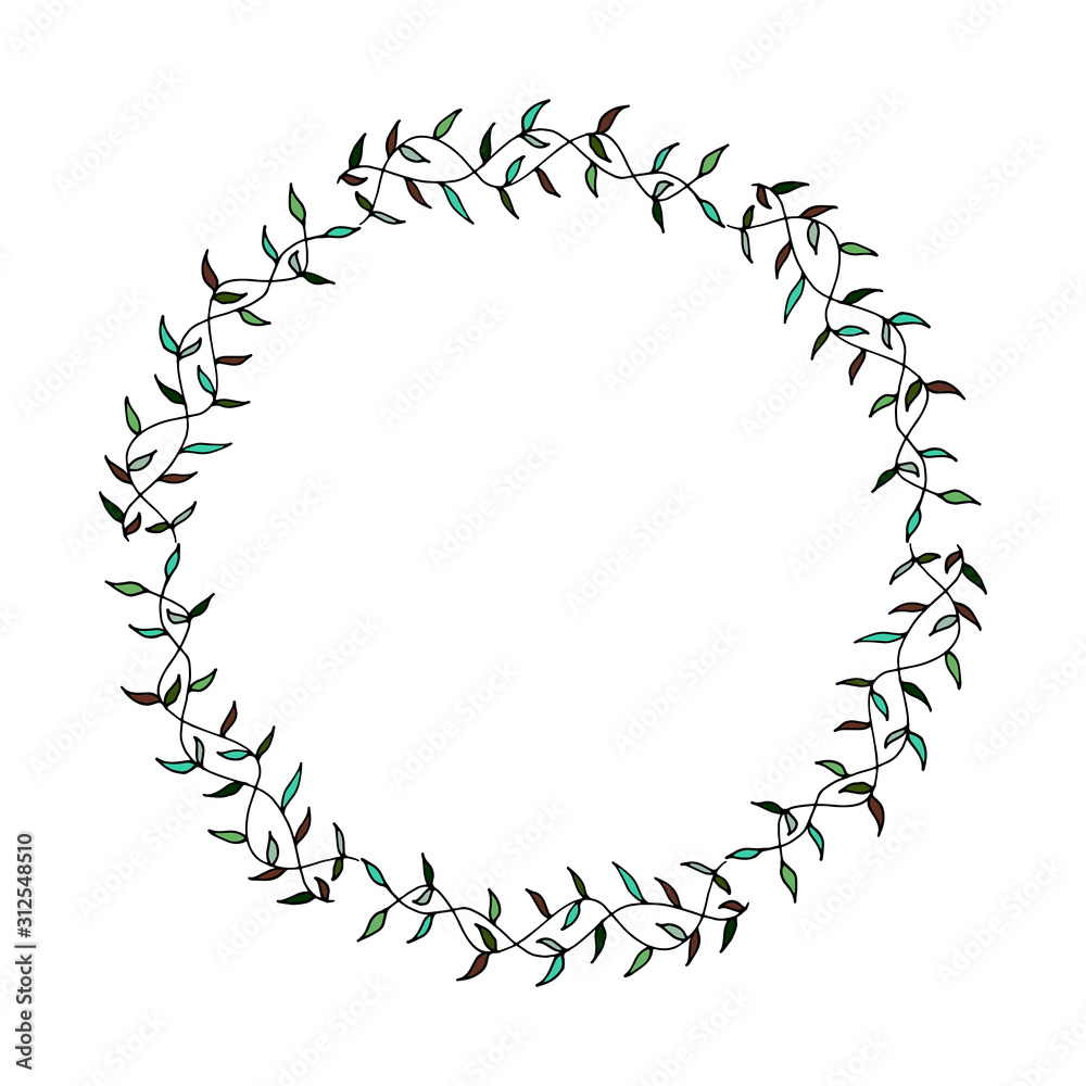 Round frame made of multi-colored leaf pattern. Wreath on white background for your design Round frame made of multi-colored leaf pattern. Wreath on white background for your design