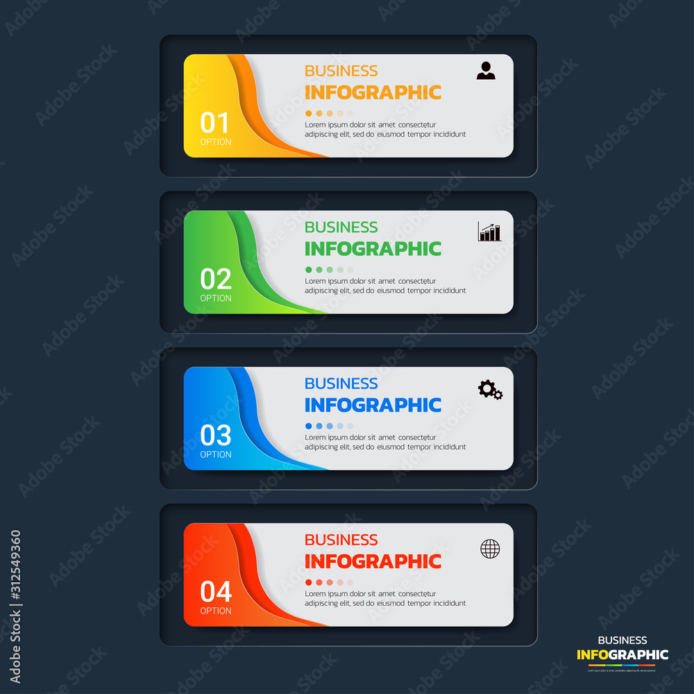 Infographics template 4 options with horizontal banner, can be used for workflow layout, diagram, website, corporate report, advertising, marketing. vector illustration. Infographics template 4 options with horizontal banner, can be used for workflow layout, diagram, website, corporate report, advertising, marketing. vector illustration.