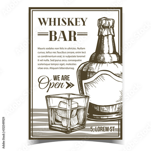 Whiskey Bar Creative Advertising Poster Vector. Blown Scotch Whiskey Bottle With Foil Cap And Glass With Alcoholic Drink And Cold Ice Cubes. England Beverage Container Monochrome Illustration