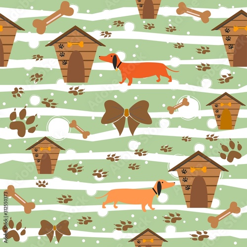 Seamless Dachshund Dog Pattern with bones, bows, dog houses and footprints