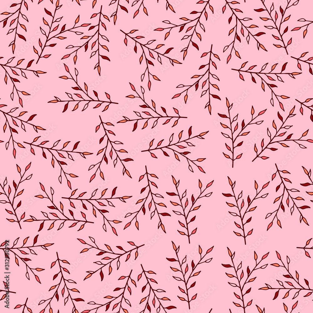 Fototapeta premium Seamless background with red and pink leaves on the branch. Endless pattern for your design.