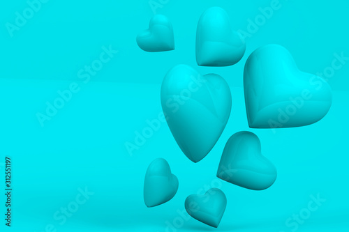 3d rendering of Valentine's Day, concept. Different sized turquoise hearts flying on turquoise background Mother's Day or Women's Day postcard, greeting card with copy space.