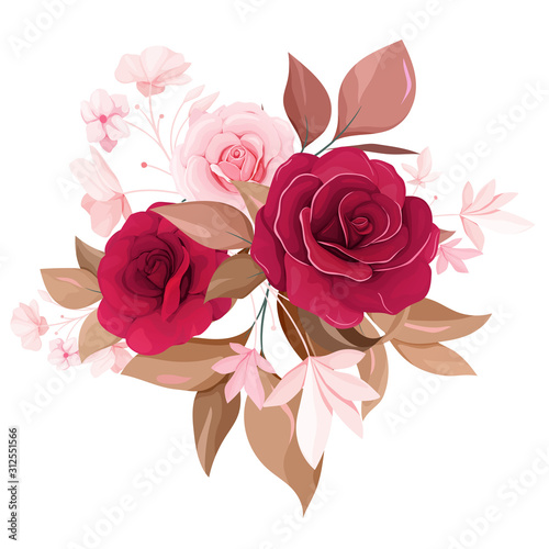 Flowers vector. Floral decoration illustration of red and peach rose flowers  leaves  branches. Romantic botanic elements for wedding  greeting  valentine card design