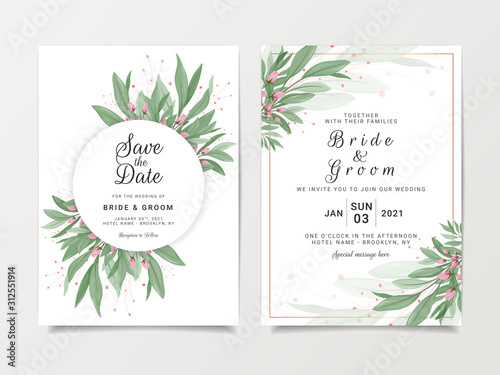 Eucalyptus wedding invitation card template set with floral frame and gold border. Wild leaves botanic illustration for background, save the date, greeting, poster, cover vector