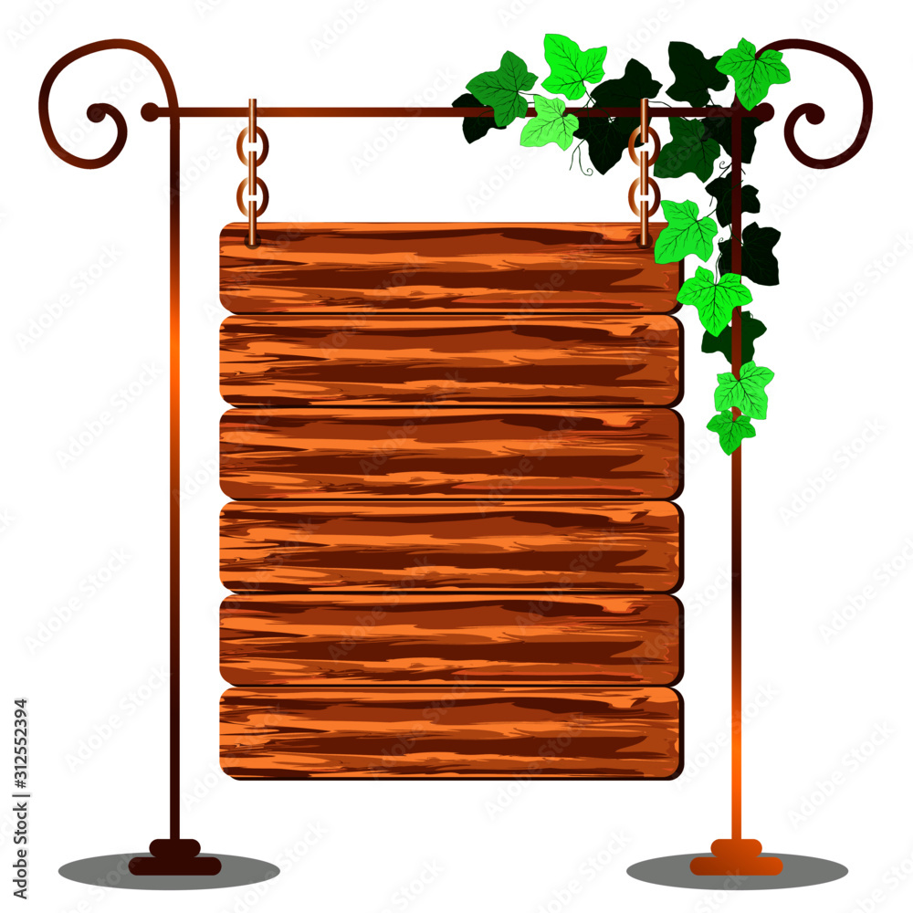 wooden billboard wrapped in green leaves, isolate on a white background, cartoon