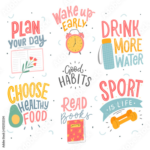 Set of good habits typographic phrases for stickers, card, poster. Healthy life style slogan. photo