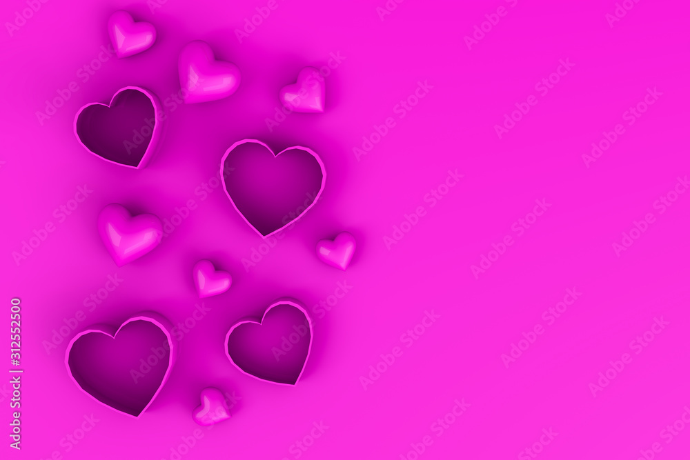 3d rendering of Valentine's Day, concept. Hot pink hearts and heart shaped boxes are lying on pink background. Mother's Day or Women's Day postcard, greeting card with copy space.