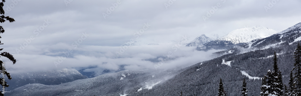 Obraz premium Whistler, British Columbia, Canada. Beautiful Panoramic View of the Canadian Snow Covered Mountain Landscape during a cloudy and foggy winter day.