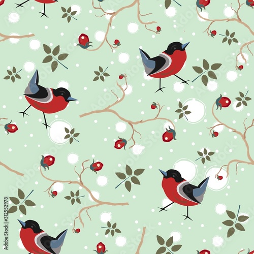 Bird Seamless Pattern. Bullfinch birds on a dark background