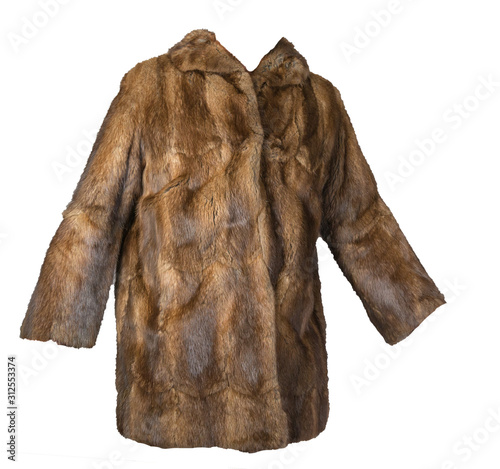 fur coat isolated on a white background. fur coat with brown natural fur