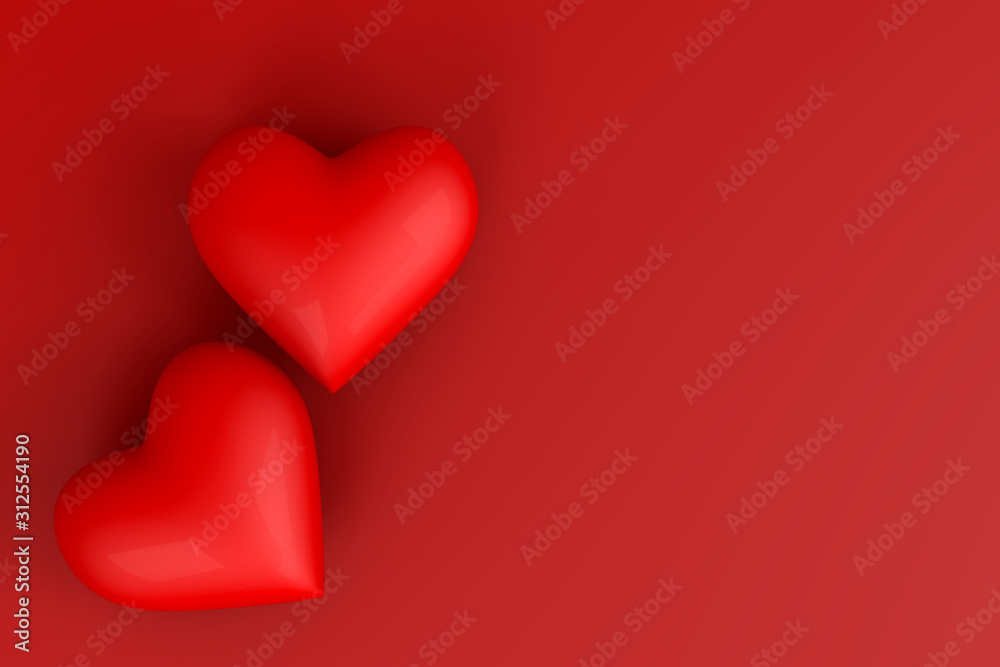 3d rendering of Valentine's Day, concept. Different sized red hearts lying on red background Mother's Day or Women's Day postcard, greeting card with copy space.